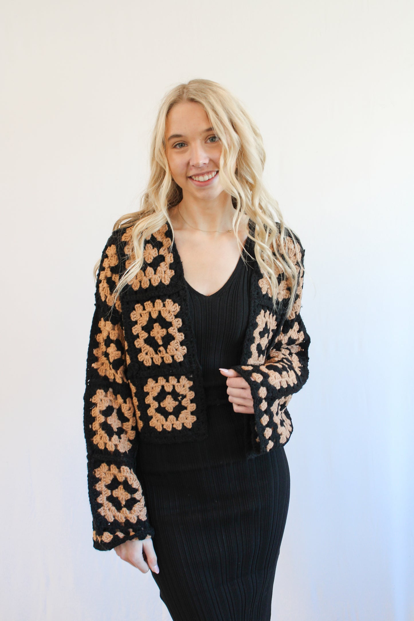 CLEO BLACK & CAMEL CROCHET KNIT CARDIGAN