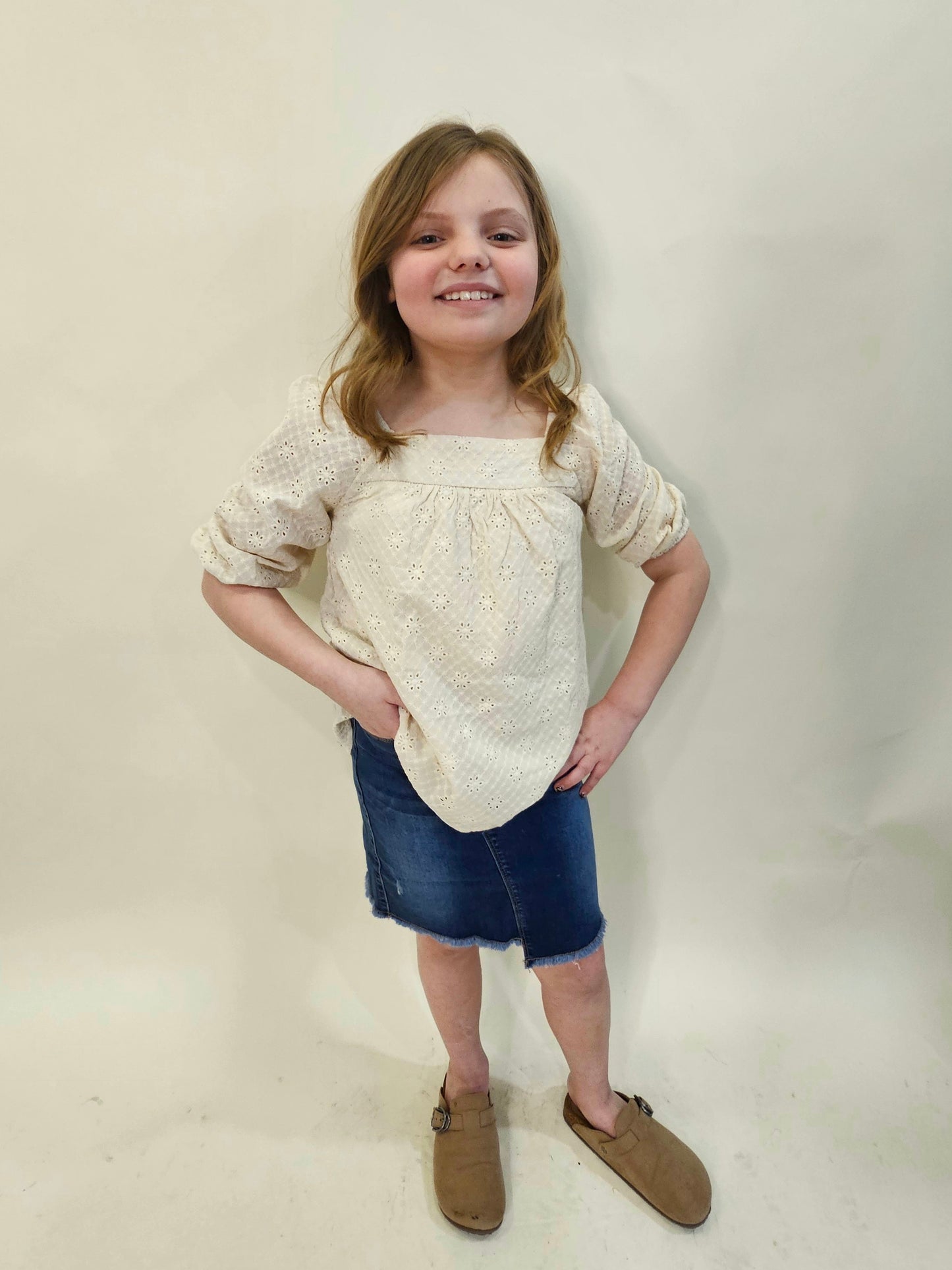 HAILEY GIRLS CROCHET SQUARE NECK IVORY BLOUSE