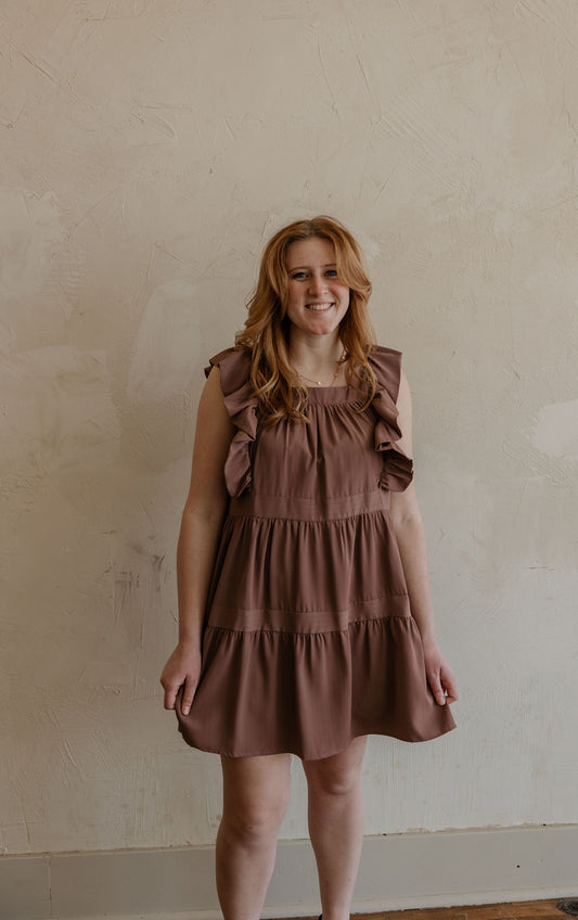 GEMINA RUFFLE SLEEVE MOCHA DRESS