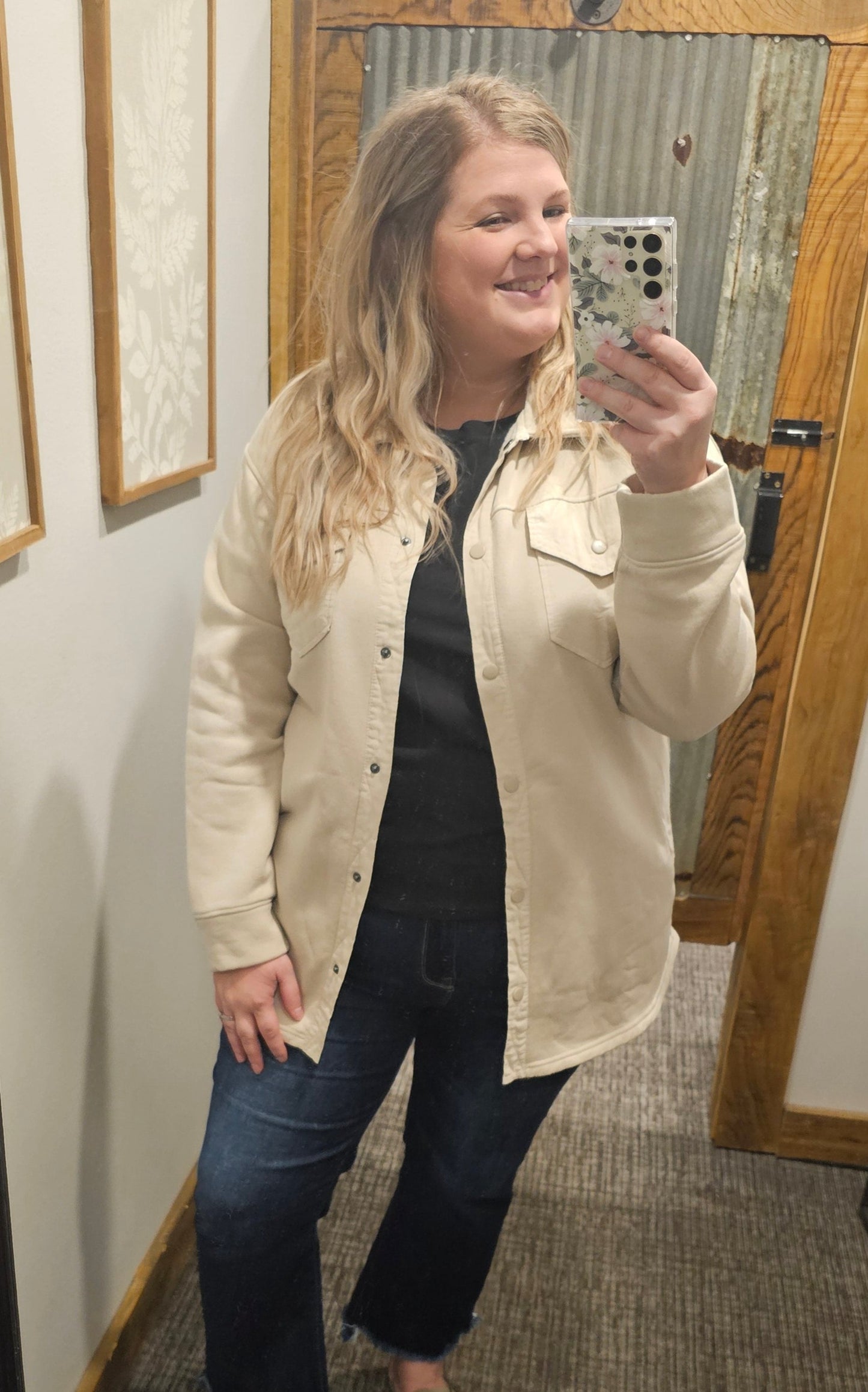 CALYN CURVY NATURAL BUTTON DOWN SHACKET