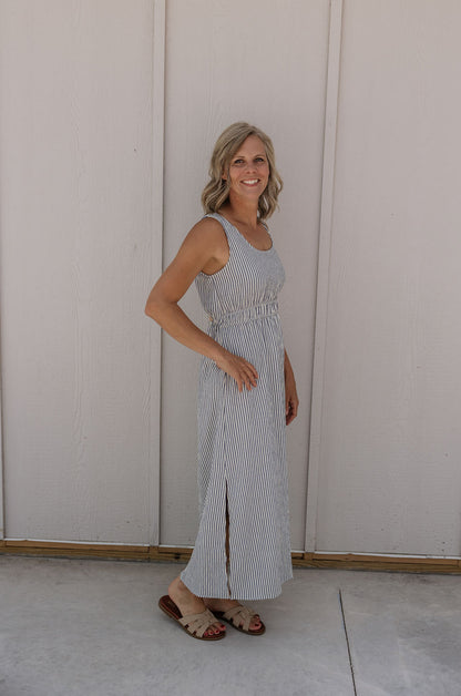 SHELLY IVORY AND NAVY STRIPED MAXI DRESS