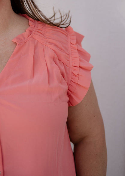 DELLA CURVY CORAL BUTTON DOWN TANK WITH RUFFLE DETAIL