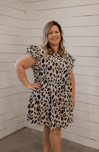 CHANTAL CURVY RUFFLE SLEEVE LEOPARD PRINT DRESS