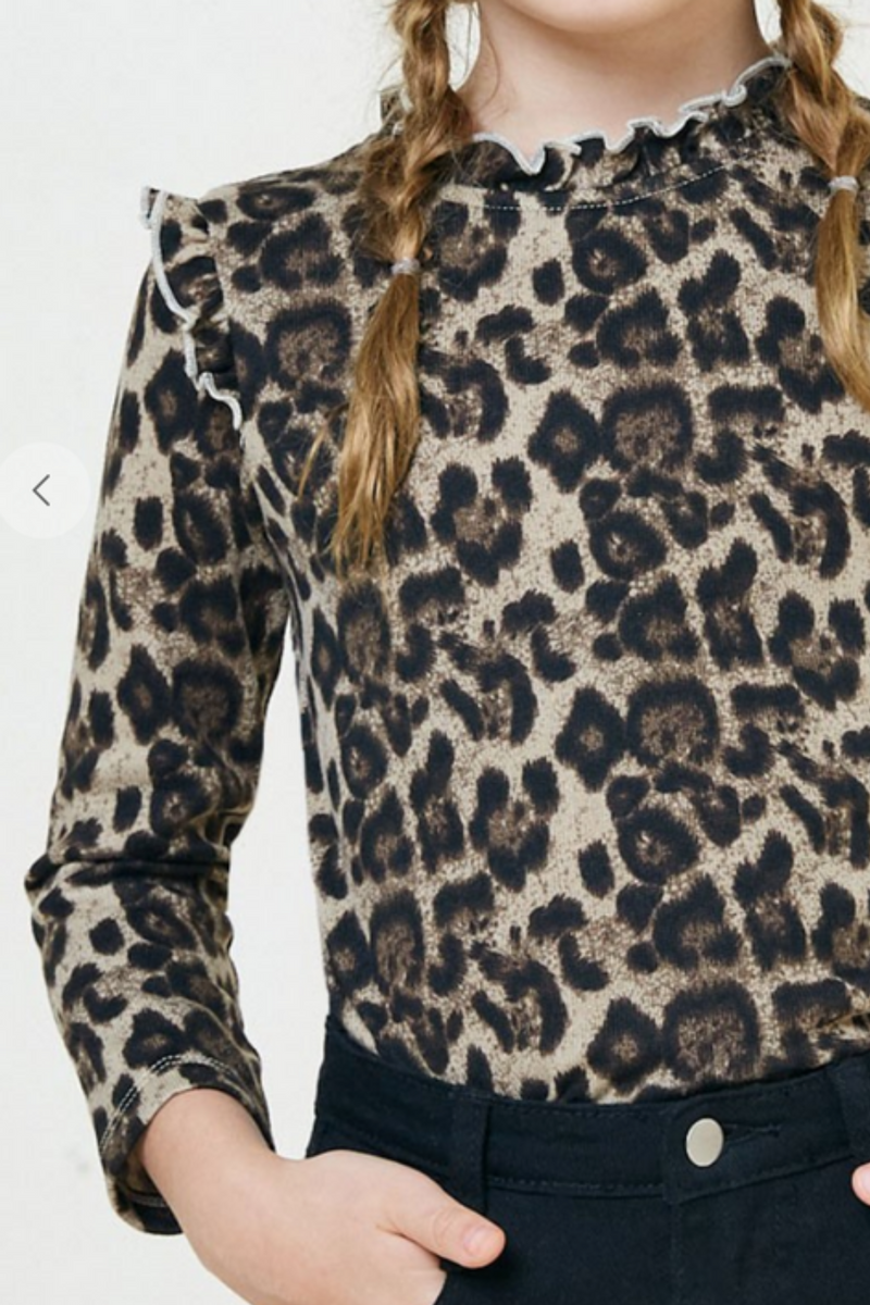 Girls Leopard Ruffle Collar Knit Top