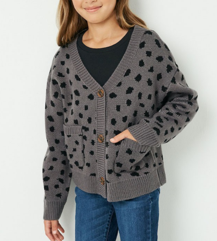 Girls Animal Print Buttoned Sweater Cardigan