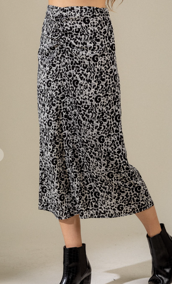 ELLIE FRONT RUCHED LEOPARD MIDI SKIRT BY IVY & CO - 2 COLOR OPTIONS