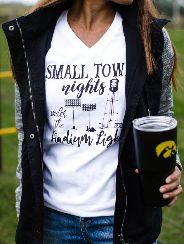 Small town nights under the stadium lights vneck graphic tee