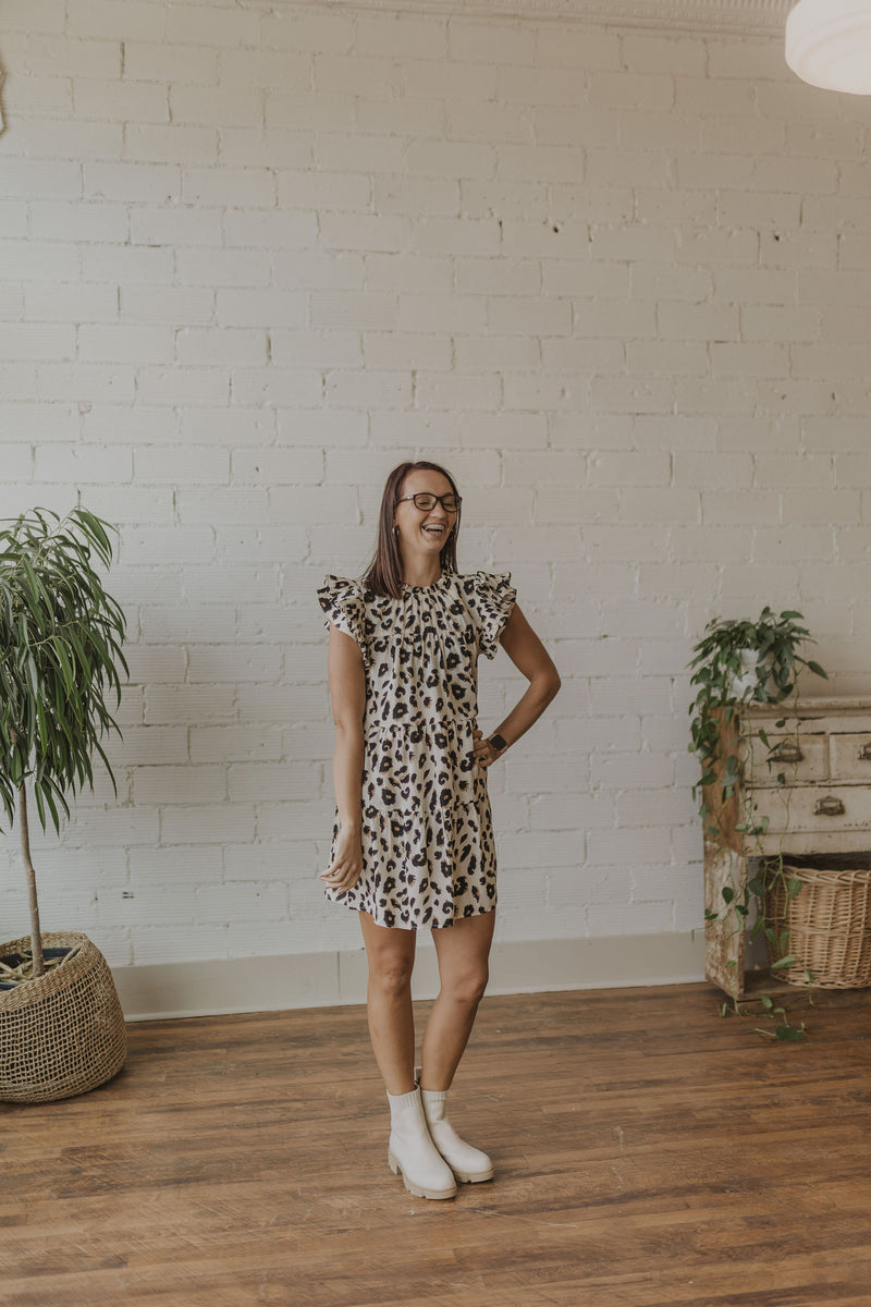 NATOSHA LEOPARD PRINT RUFFLE SLEEVE TANK DRESS