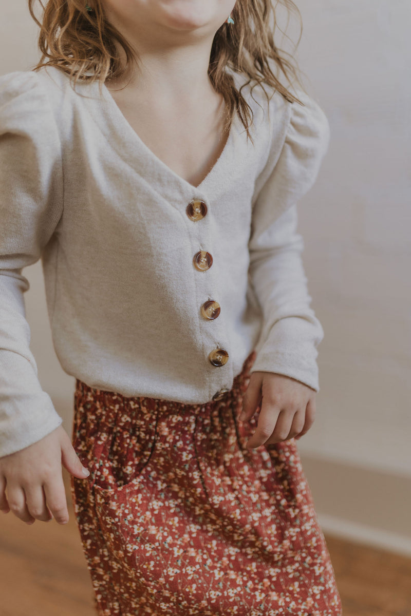 Girls Puff Shoulder Marled Knit Buttoned Cardigan