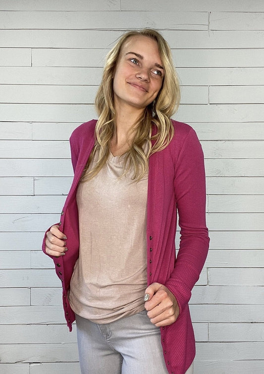 magenta long sleeve snap cardigan