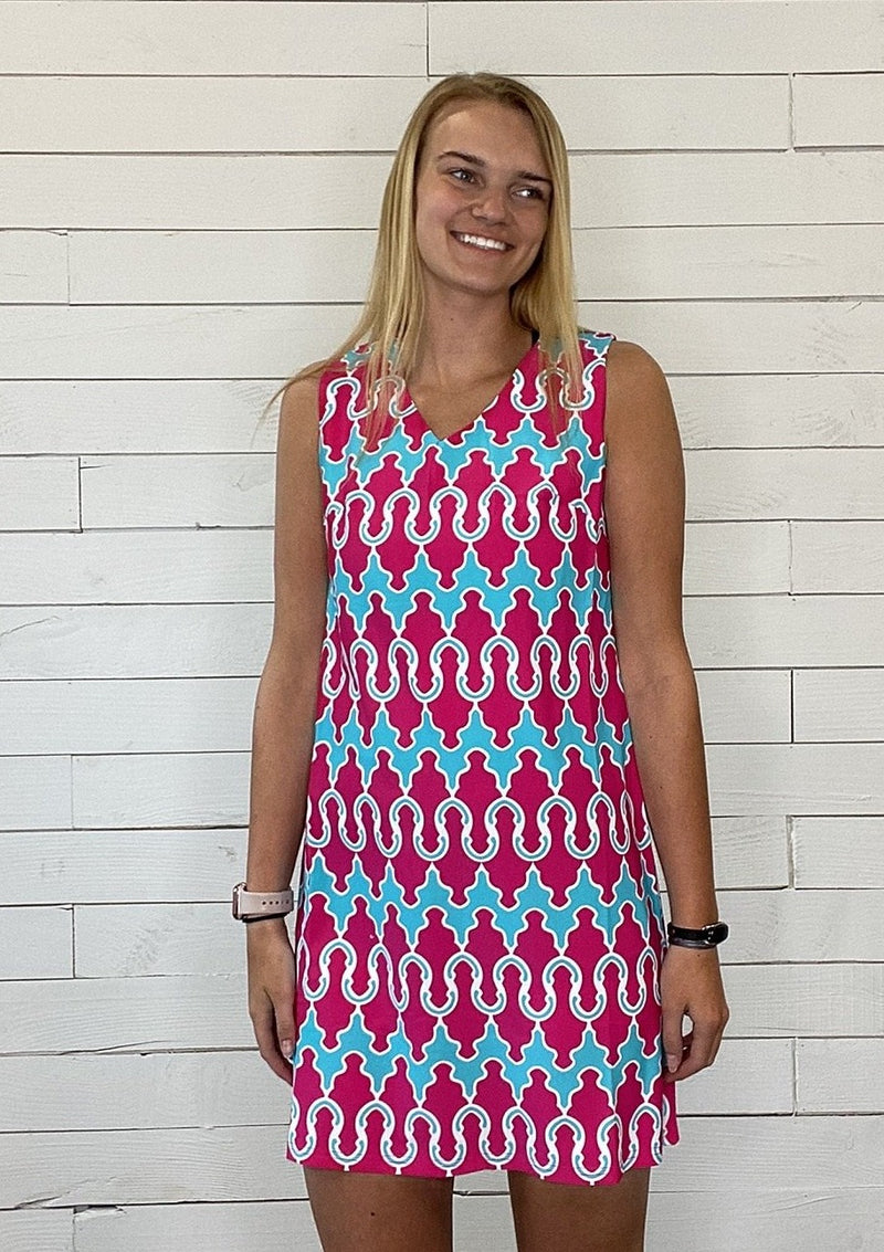 Sleeveless teal and pink shift dress